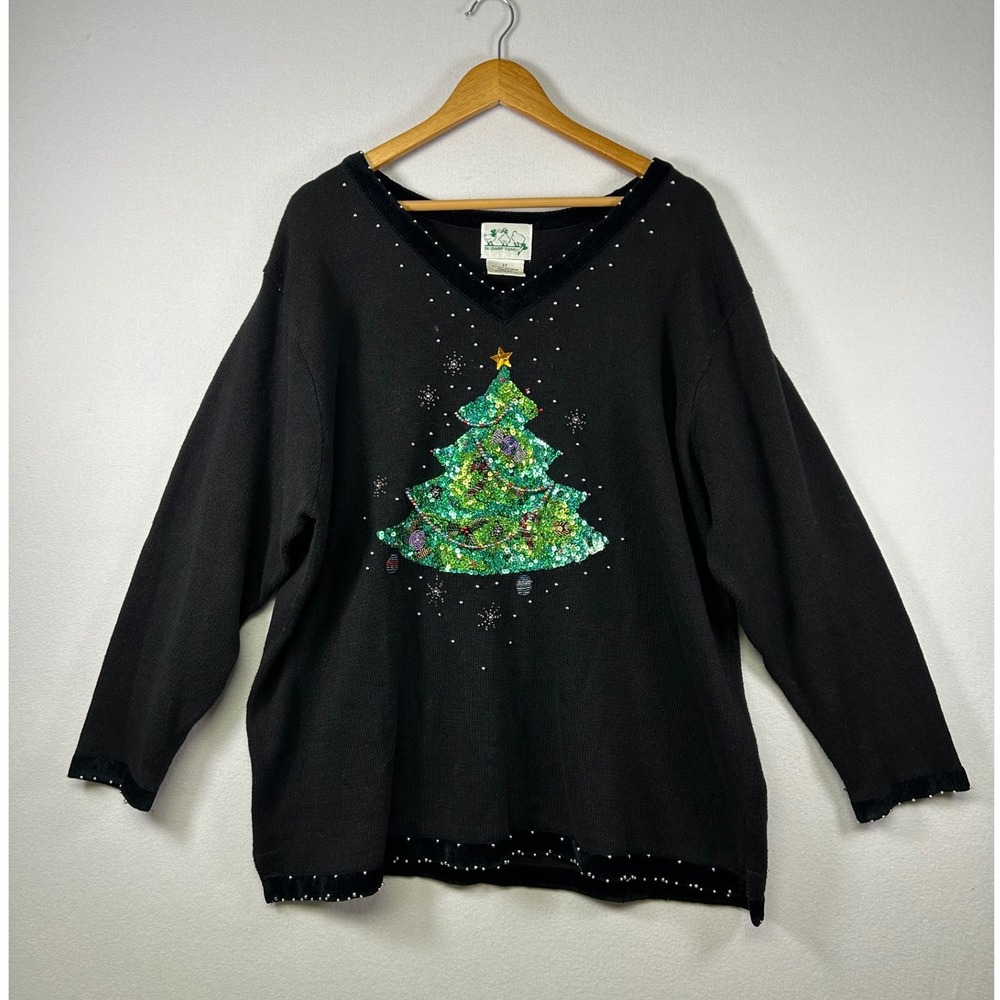 Quacker Factory Vintage Christmas Tree Sweater Womens 2Xโ Black Sequin Pullover